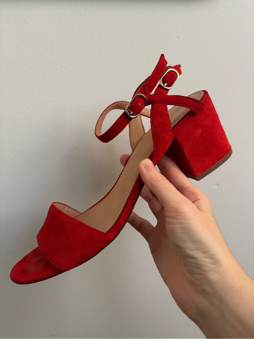 J. Crew Tomato Red Suede Leather Block Heel Sandal Ankle Straps 10